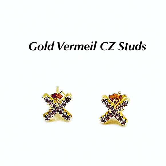 NWT CZ “X” Kiss Stud Earrings in 18k Gold Vermeil, 5/16”, Ships in Gift Box - Picture 2 of 5